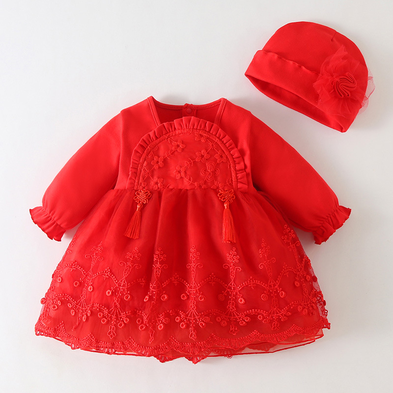 红色花开富贵连衣裙