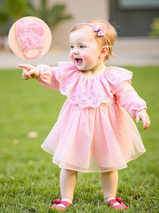 粉色翻领镂空长袖哈裙