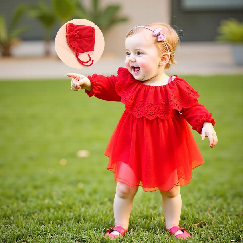 红色翻领镂空长袖哈裙