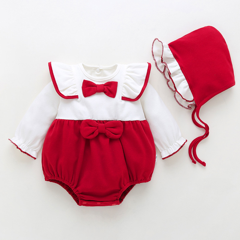 酒红色双蝴蝶结三角爬