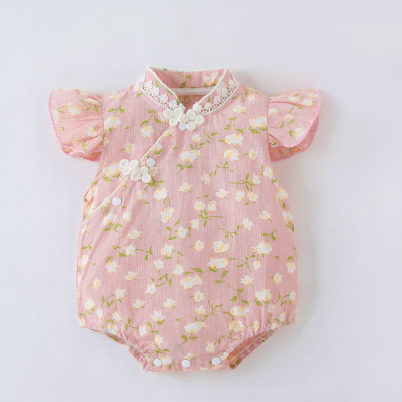 粉色小花朵旗袍三角爬