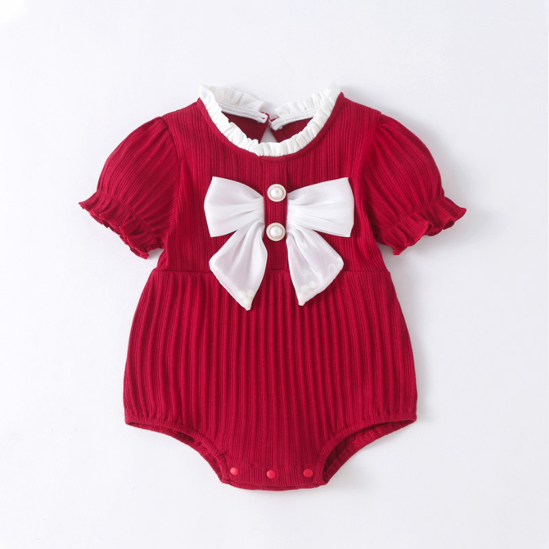 酒红色短袖小香风三角爬