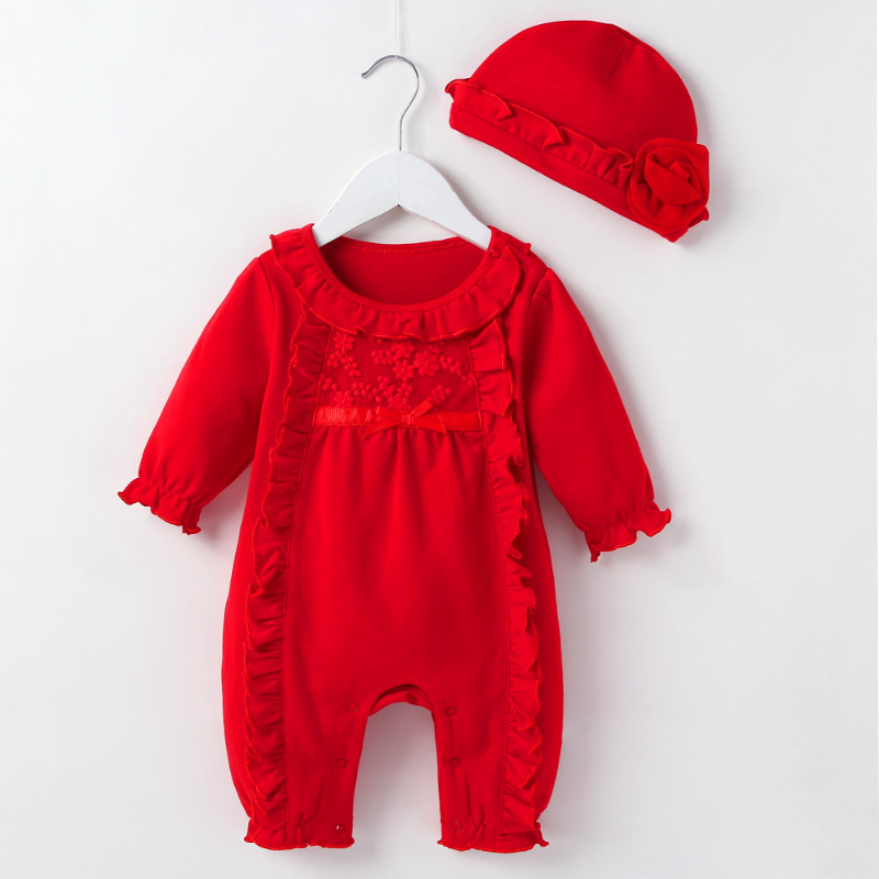 红色梅花长袖哈衣（漏脚）