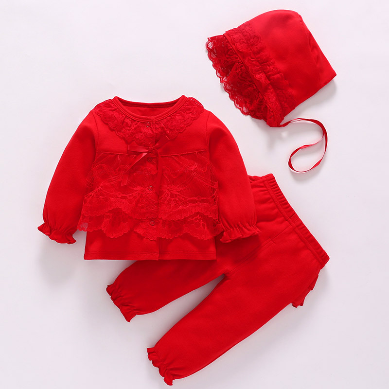 红色蕾丝单层三件套