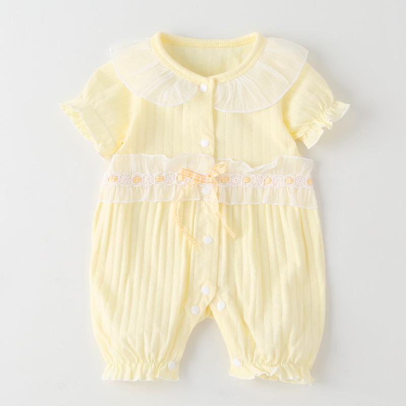 黄色短袖小蛮腰花边哈衣